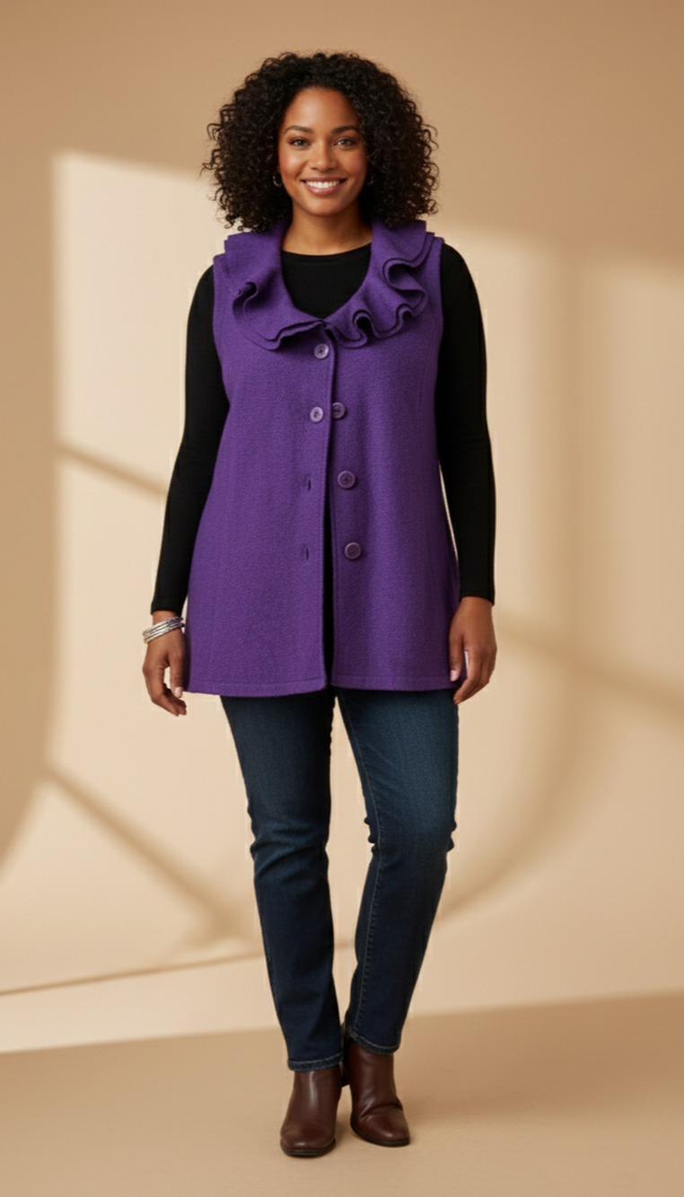 Boho,reto Coquette whimsical Purple Ruffle Front 100% Wool Vest tunic Sz-1X